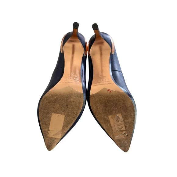 Ted Baker London Navy Leather Pumps 39 Pointed Toe Stiletto Gold Toe Cap Heels - Picture 5 of 10
